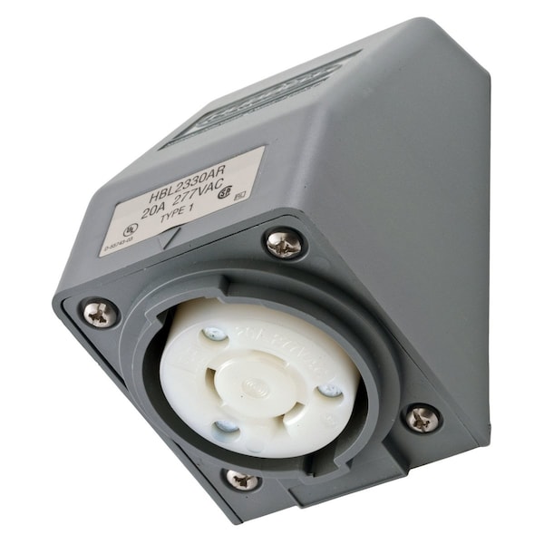 Hubbell Wiring Device-Kellems Locking Devices, Twist-Lock®, Industrial, Angled Receptacle, 20A 277V AC, 2-Pole 3-Wire Grounding, L7-20R, Screw Terminal, Gray - HBL2330AR