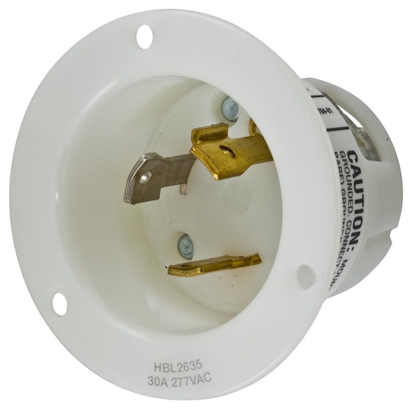 Hubbell Wiring Device-Kellems Locking Devices, Twist-Lock®, Industrial, Flanged Inlet, 30A 277V AC, 2-Pole 3-Wire Grounding, L7-30P, Screw Terminal, White - HBL2635