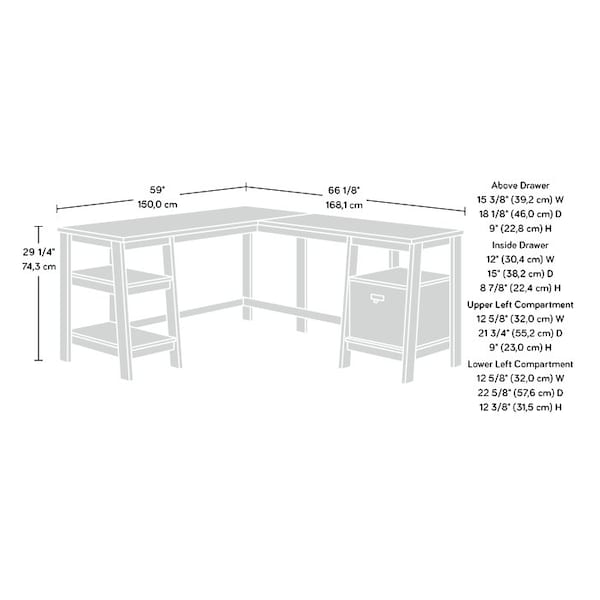 Sauder L-Desk, 66.18 in D X 29.25 in H, 59.06 in W X Engineered wood - 428834