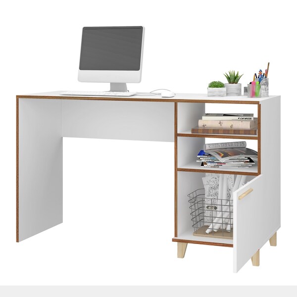 Manhattan Comfort Office Desk Office Desk, 2 Shelf, Mid Century, White, 17.51" D X 31.1" H, 53.14" W X MDP, White - 136AMC160