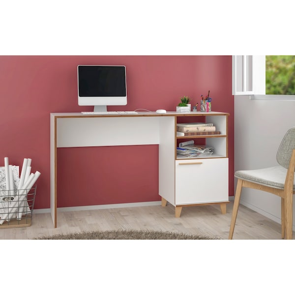 Manhattan Comfort Office Desk Office Desk, 2 Shelf, Mid Century, White, 17.51" D X 31.1" H, 53.14" W X MDP, White - 136AMC160
