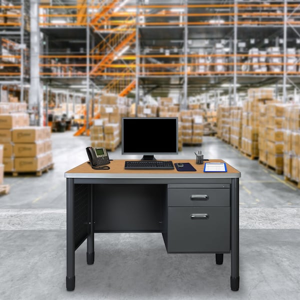 Regency Mesa Steel Single Pedestal Teacher's Office Desk 48'' x 30'', Medium Oak - 66348SPMO