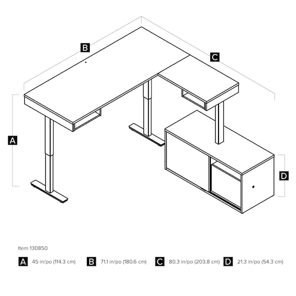 Bestar Pro-Vega Height Adjustable L-Desk, White/Black - 130850-000017