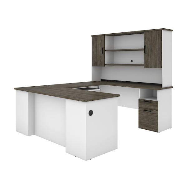 Bestar Norma U-Shaped Desk with Hutch, Walnut Grey & White - 181852-000035