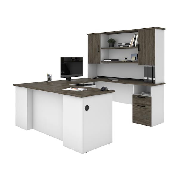 Bestar Norma U-Shaped Desk with Hutch, Walnut Grey & White - 181852-000035