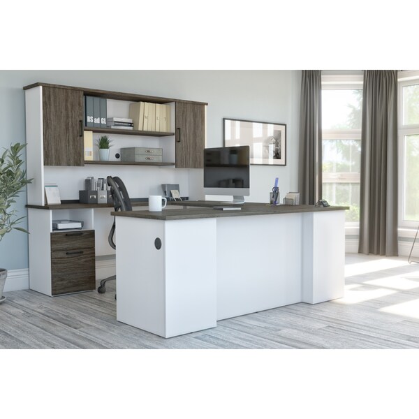 Bestar Norma U-Shaped Desk with Hutch, Walnut Grey & White - 181852-000035