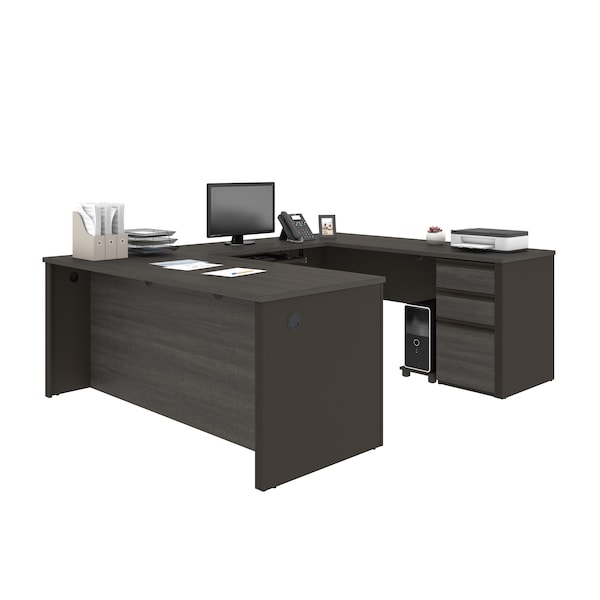 Bestar Prestige + U-Shaped Workstation with One Pedestal, Bark Gray/Slate - 99871-000047