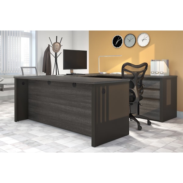 Bestar Prestige + U-Shaped Workstation with One Pedestal, Bark Gray/Slate - 99871-000047
