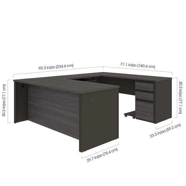 Bestar Prestige + U-Shaped Workstation with One Pedestal, Bark Gray/Slate - 99871-000047
