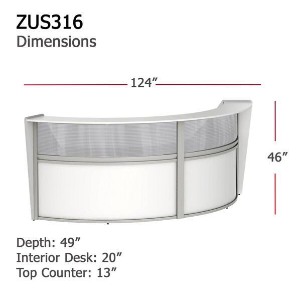 Linea Italia Curved Reception Desk 2 Units, Clear Panel, 124 inW x 49 inD, White - ZUS316