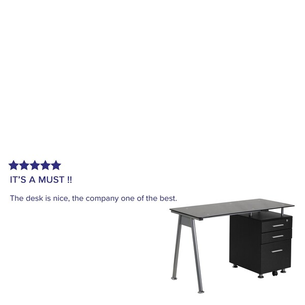 Flash Furniture Computer Desk Glass Top Desk w/3 Drawer Pedestal, Blk, 23-1/2" D X 29-1/2" H, 47-1/4" W X Black - NAN-WK-021A-GG