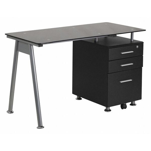 Flash Furniture Computer Desk Glass Top Desk w/3 Drawer Pedestal, Blk, 23-1/2" D X 29-1/2" H, 47-1/4" W X Black - NAN-WK-021A-GG