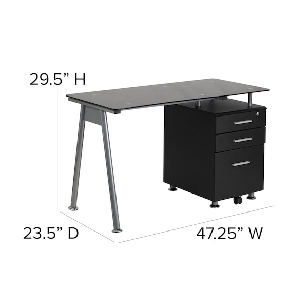 Flash Furniture Computer Desk Glass Top Desk w/3 Drawer Pedestal, Blk, 23-1/2" D X 29-1/2" H, 47-1/4" W X Black - NAN-WK-021A-GG