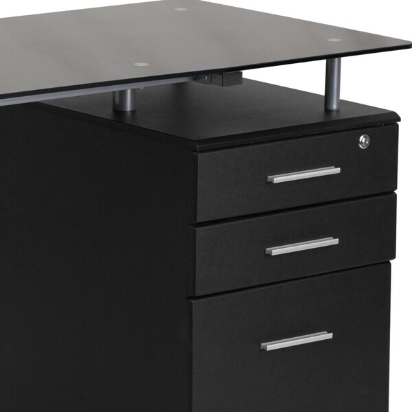 Flash Furniture Computer Desk Glass Top Desk w/3 Drawer Pedestal, Blk, 23-1/2" D X 29-1/2" H, 47-1/4" W X Black - NAN-WK-021A-GG