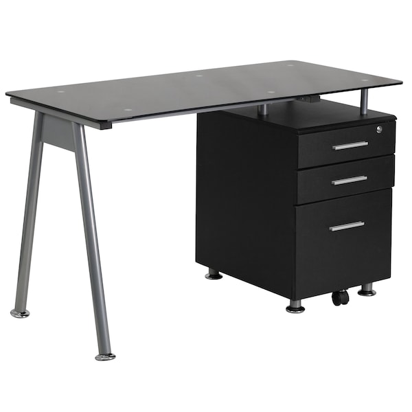 Flash Furniture Computer Desk Glass Top Desk w/3 Drawer Pedestal, Blk, 23-1/2" D X 29-1/2" H, 47-1/4" W X Black - NAN-WK-021A-GG