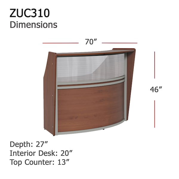 Linea Italia Curved Reception Desk with Counter, Clear Panel, 72 inW x 32 inD, Cherry - ZUC310
