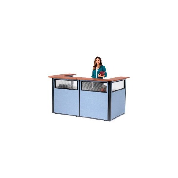 Global Equipment Interion    U-Shaped Reception Station w/Window 88" W x 44"D x 44"H Cherry Counter Blue Panel - 694902WCB