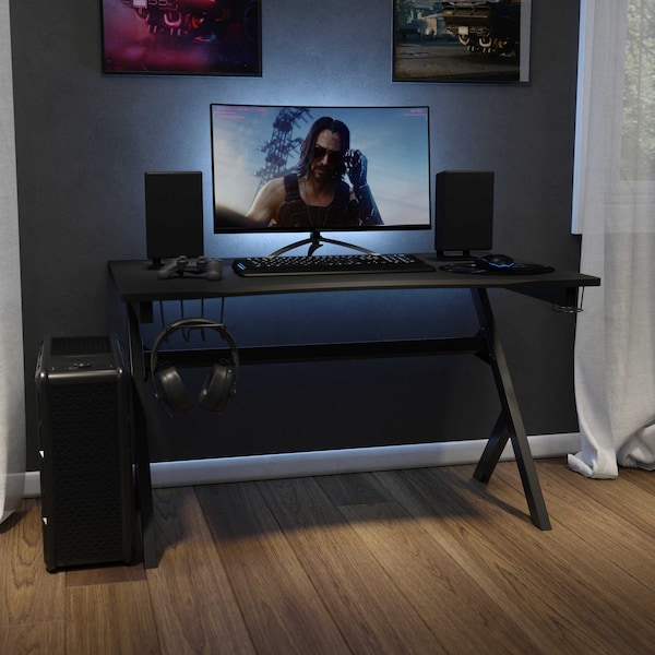 Flash Furniture Black Computer Gaming Desk - Headphone Holder - NAN-NJ-TG-D1904-GG