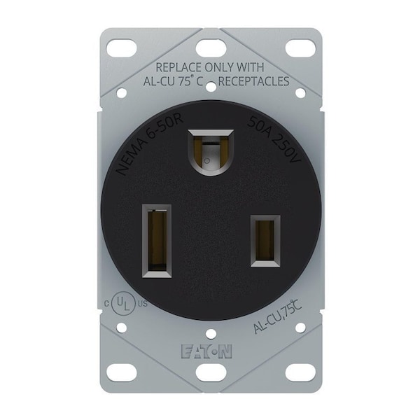 Eaton Wiring Devices 1254-BOX Power Receptacle, 2-Pole, 250 V, 50 A, NEMA: NEMA 6-50R, Black - AH1254BK-BOX