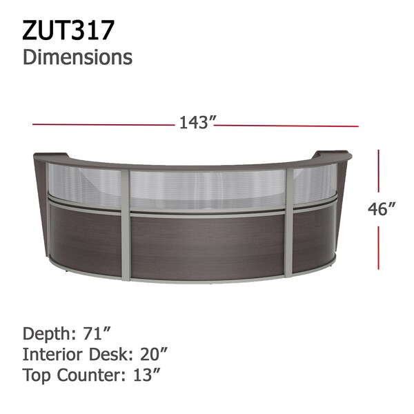 Linea Italia Reception Desk 71 in D X 46 in H, 11.9 ft W X Thermofused Laminate, Clear, Mocha - ZUT317