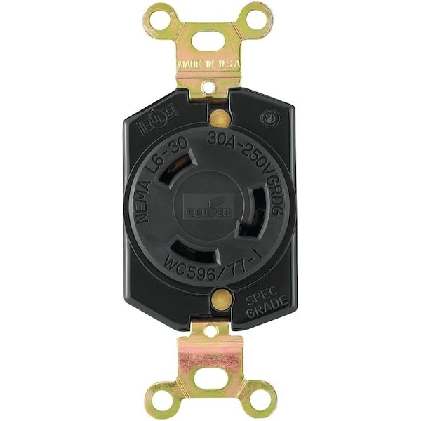 Eaton Wiring Devices Single Receptacle, 2 -Pole, 250 V, 30 A, Back and Side Wiring, NEMA: NEMA L6-30, Black - L630R