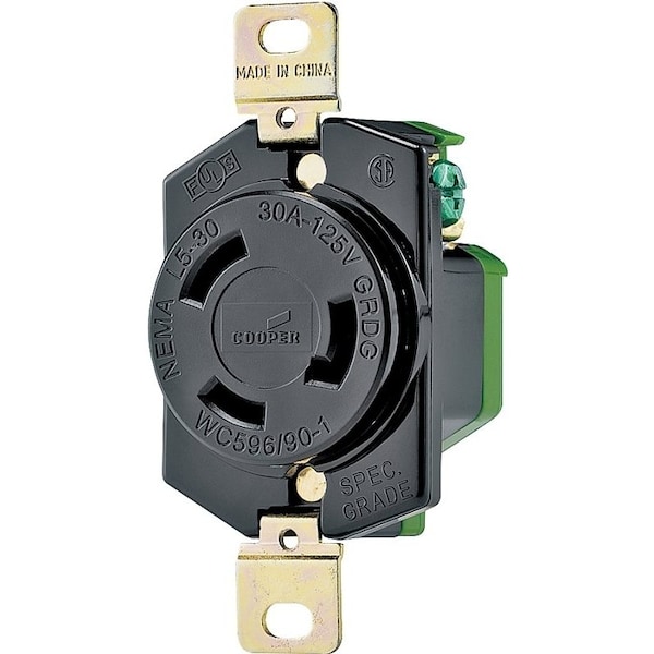 Eaton Wiring Devices Single Receptacle, 2 -Pole, 125 V, 30 A, Back and Side Wiring, NEMA: NEMA L5-30, Black - L530R