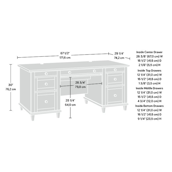 Sauder Executive Desk, 29.21 in D X 30 in H, 67.56 in W X Engineered wood - 428246