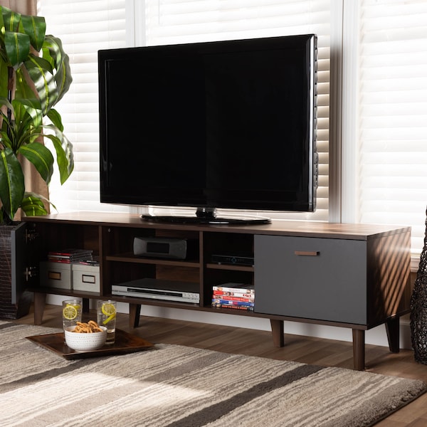 Baxton Studio Moina Two-Tone Walnut Brown and Grey Finished Wood TV Stand - 169-10819
