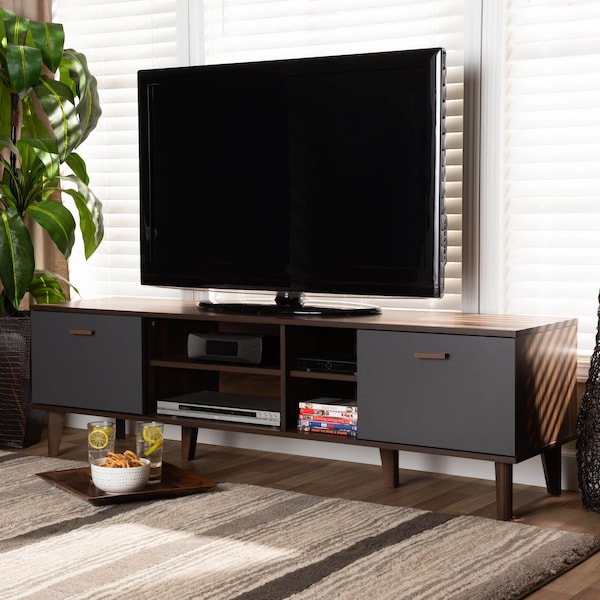Baxton Studio Moina Two-Tone Walnut Brown and Grey Finished Wood TV Stand - 169-10819