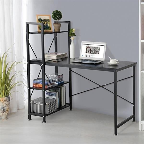 Utopia Alley Modern Style Computer Desk with 4 Tier Attached Book Shelf, Black - UT585489