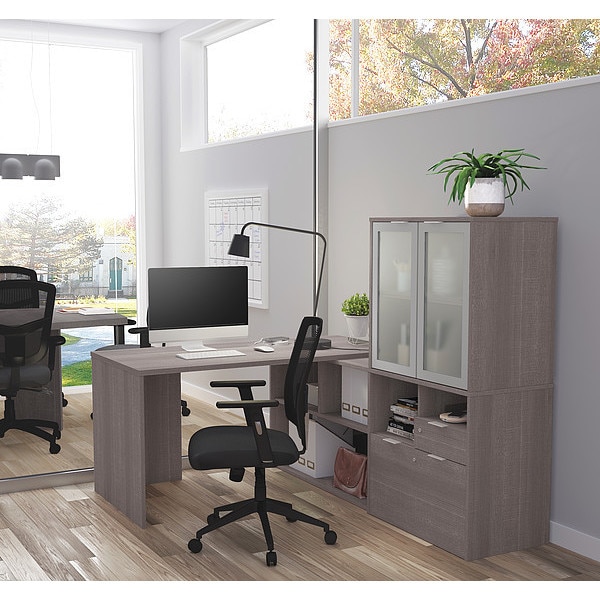 Bestar L Shaped Desk L-Desk, I3 Plus, Frosted Door Hutch, 59.3" D X 56.8" H, 71.1" W X Melamine, Bark Gray - 160851-47