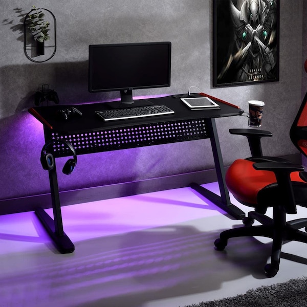 Acme Metal Frame Gaming Table with USB Port and LED Light in Black - ER-0101BK