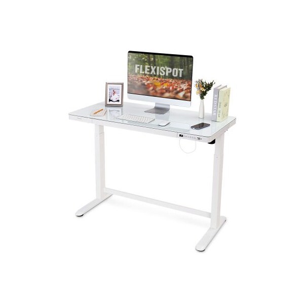 Zoxou Flexispot All-in-One Height Adjustable Standing Desk, 48inL x 24inW, Glass, White Top - FG8W