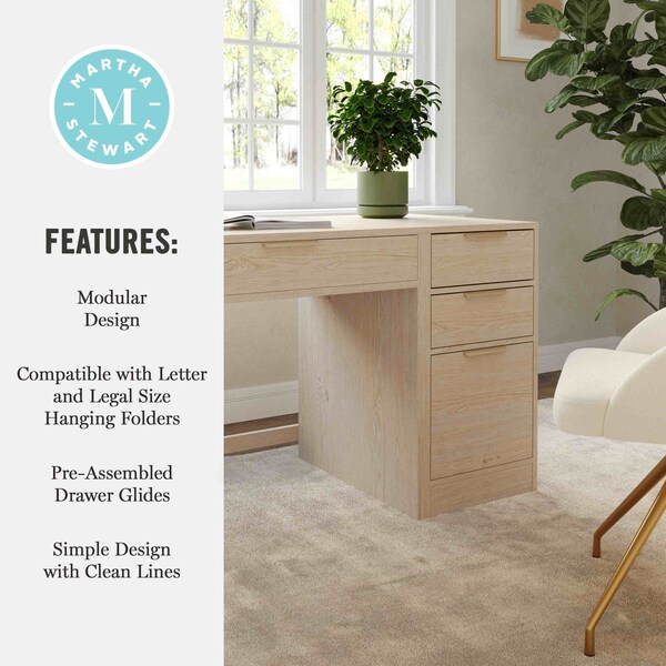 Martha Stewart Kayden Single-Drawer Desk w/3 Drawer File Cabinet in Light Natural w/Brushed Gold Hardware - KHO-23042-TBFC-LNT-GLD-MS