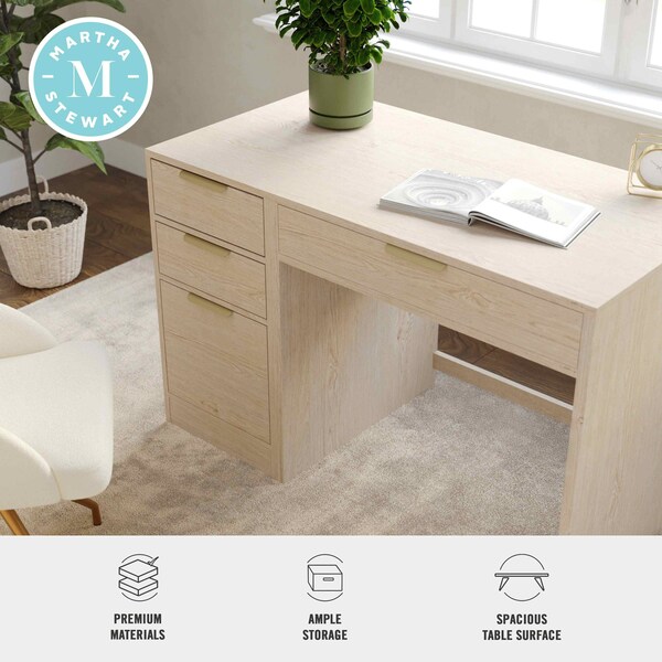 Martha Stewart Kayden Single-Drawer Desk w/3 Drawer File Cabinet in Light Natural w/Brushed Gold Hardware - KHO-23042-TBFC-LNT-GLD-MS