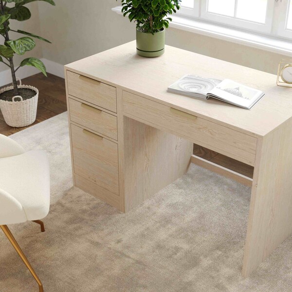 Martha Stewart Kayden Single-Drawer Desk w/3 Drawer File Cabinet in Light Natural w/Brushed Gold Hardware - KHO-23042-TBFC-LNT-GLD-MS