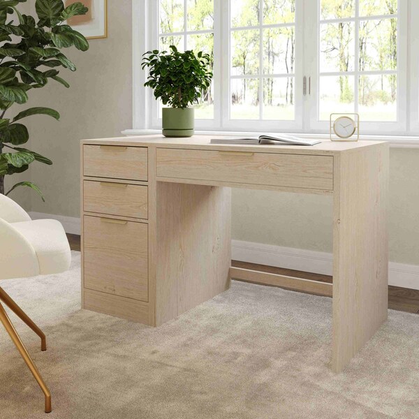 Martha Stewart Kayden Single-Drawer Desk w/3 Drawer File Cabinet in Light Natural w/Brushed Gold Hardware - KHO-23042-TBFC-LNT-GLD-MS