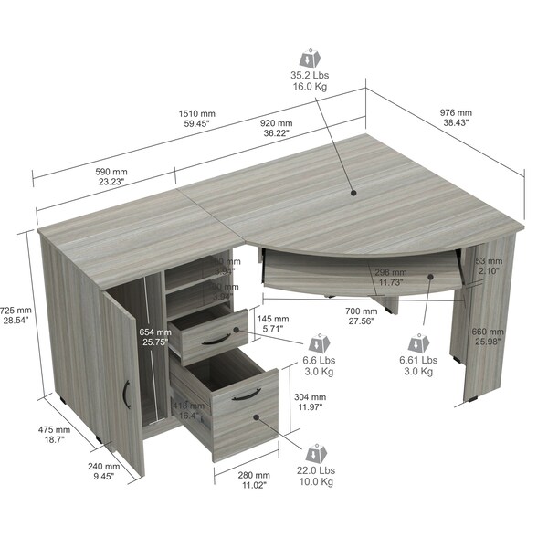 Inval Corner Computer Desk 59.45 in. W Smoke Oak 2 -Drawer with Keyboard Tray - ET-4415
