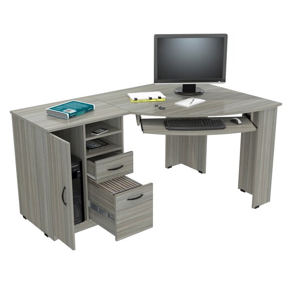 Inval Corner Computer Desk 59.45 in. W Smoke Oak 2 -Drawer with Keyboard Tray - ET-4415