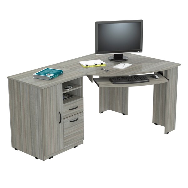 Inval Corner Computer Desk 59.45 in. W Smoke Oak 2 -Drawer with Keyboard Tray - ET-4415