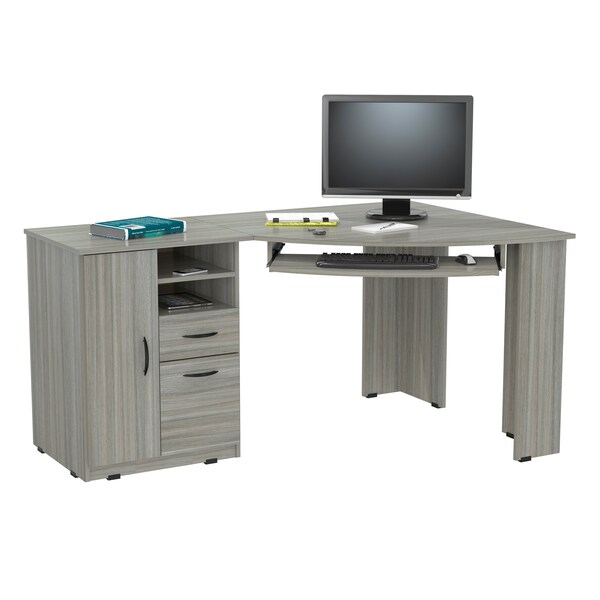 Inval Corner Computer Desk 59.45 in. W Smoke Oak 2 -Drawer with Keyboard Tray - ET-4415