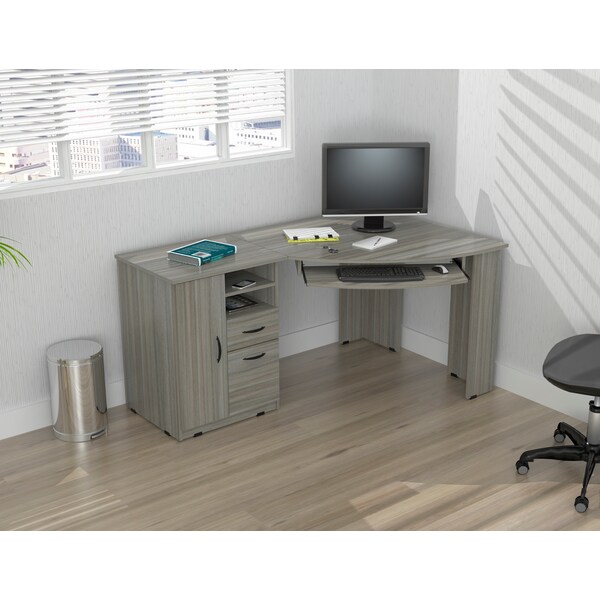 Inval Corner Computer Desk 59.45 in. W Smoke Oak 2 -Drawer with Keyboard Tray - ET-4415