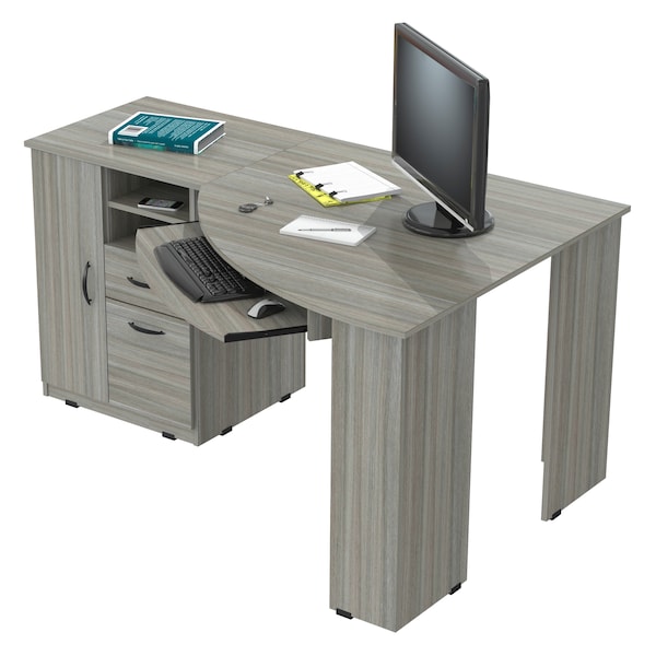 Inval Corner Computer Desk 59.45 in. W Smoke Oak 2 -Drawer with Keyboard Tray - ET-4415