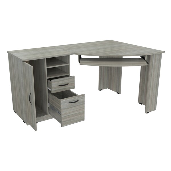 Inval Corner Computer Desk 59.45 in. W Smoke Oak 2 -Drawer with Keyboard Tray - ET-4415