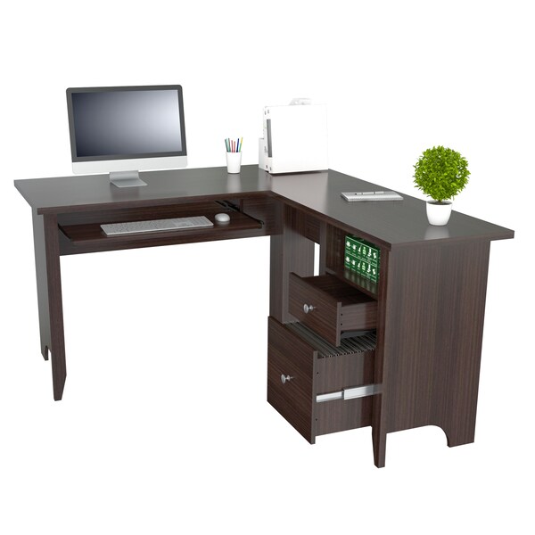 Inval Computer Writing Desk 53.1 in.W Espresso L-Shaped 2 -Drawer with Keyboard Tray - ET-3815