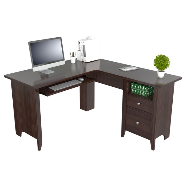 Inval Computer Writing Desk 53.1 in.W Espresso L-Shaped 2 -Drawer with Keyboard Tray - ET-3815