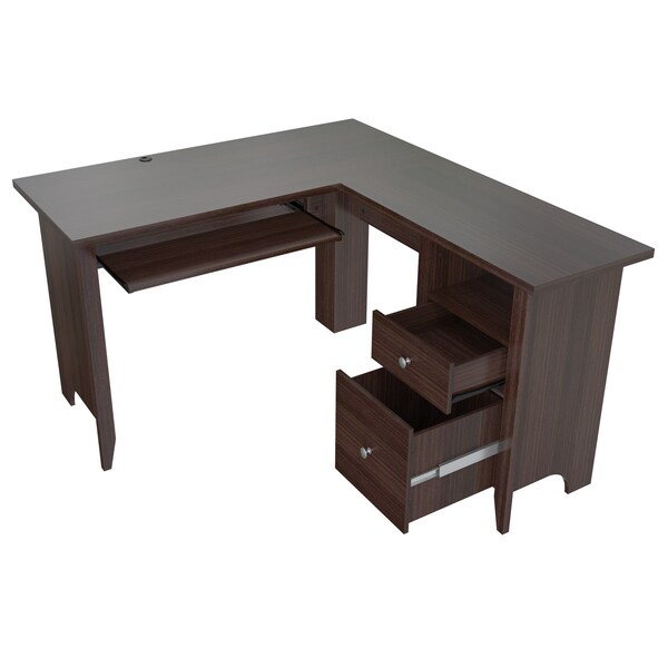Inval Computer Writing Desk 53.1 in.W Espresso L-Shaped 2 -Drawer with Keyboard Tray - ET-3815