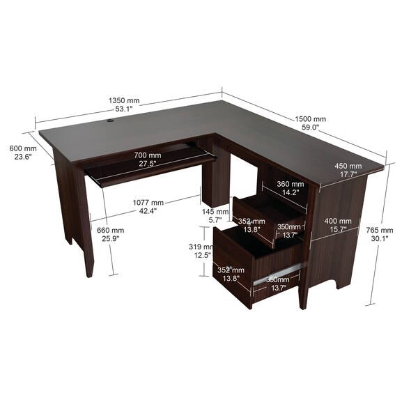 Inval Computer Writing Desk 53.1 in.W Espresso L-Shaped 2 -Drawer with Keyboard Tray - ET-3815