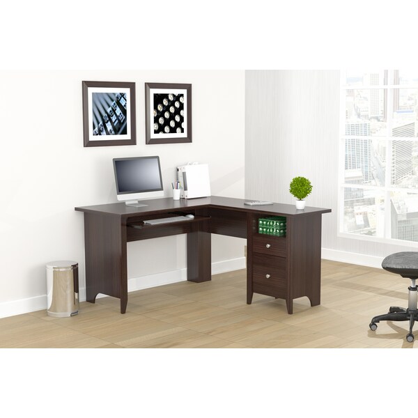 Inval Computer Writing Desk 53.1 in.W Espresso L-Shaped 2 -Drawer with Keyboard Tray - ET-3815