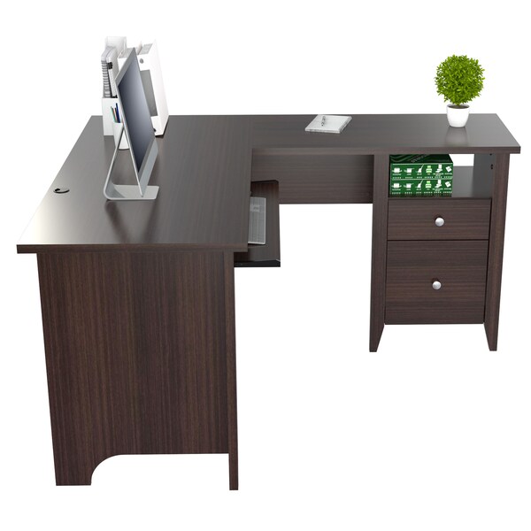 Inval Computer Writing Desk 53.1 in.W Espresso L-Shaped 2 -Drawer with Keyboard Tray - ET-3815